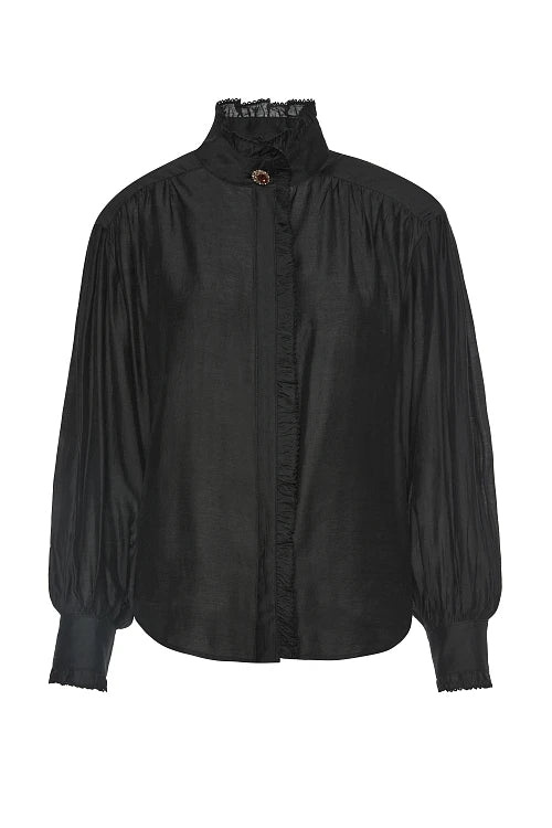 Chemise noire à petits volants col Mao - BSB