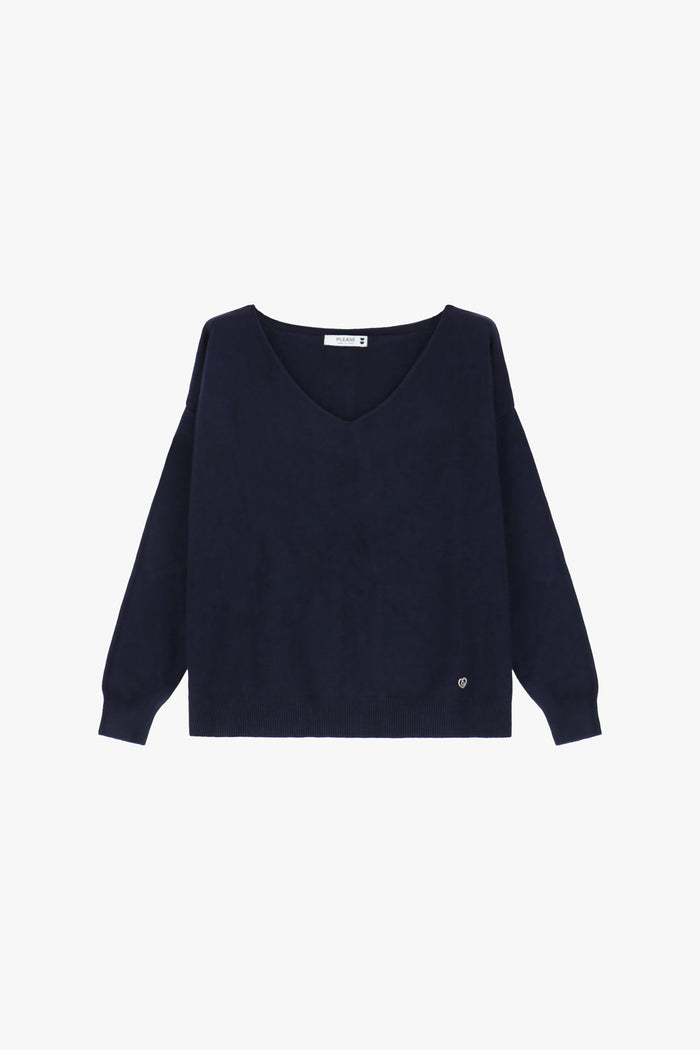 Pull marine manches longues col V - PLEASE