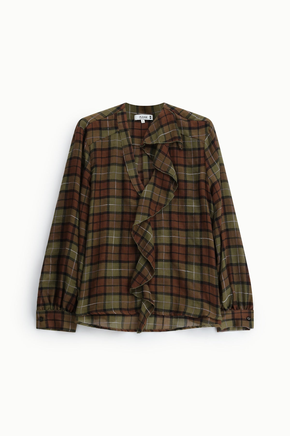 Blouse à carreaux avec volant et manches longues- PLEASE