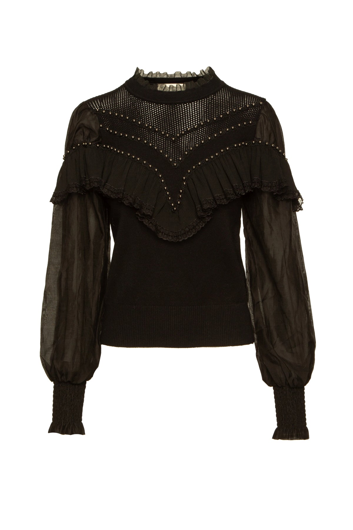 Pull noir à manches en tulle et perles - BSB
