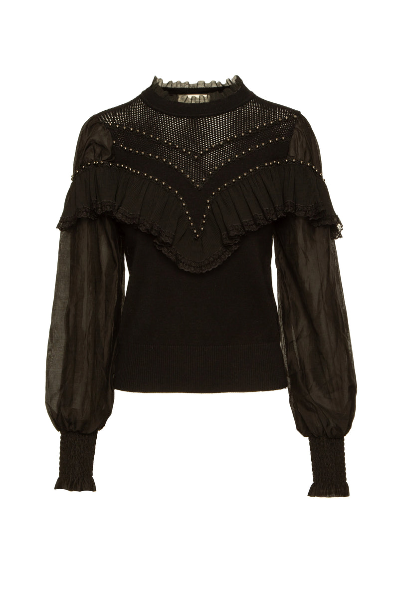 Pull noir à manches en tulle et perles - BSB