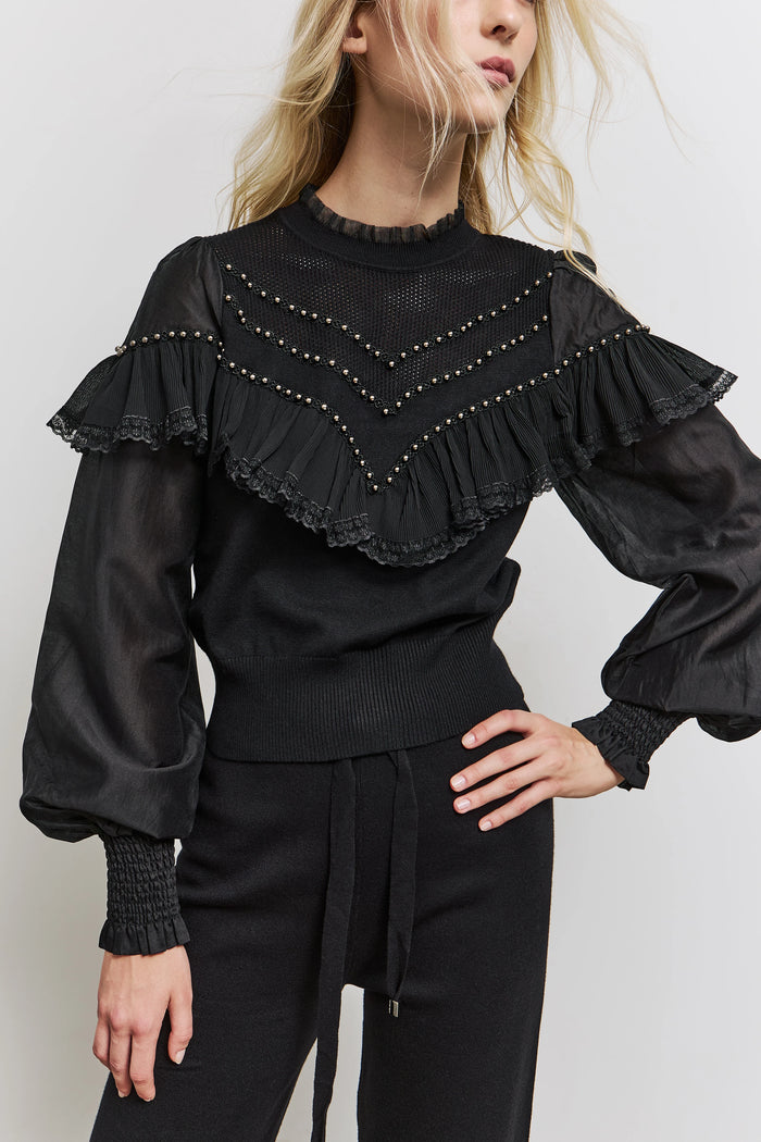 Pull noir à manches en tulle et perles - BSB