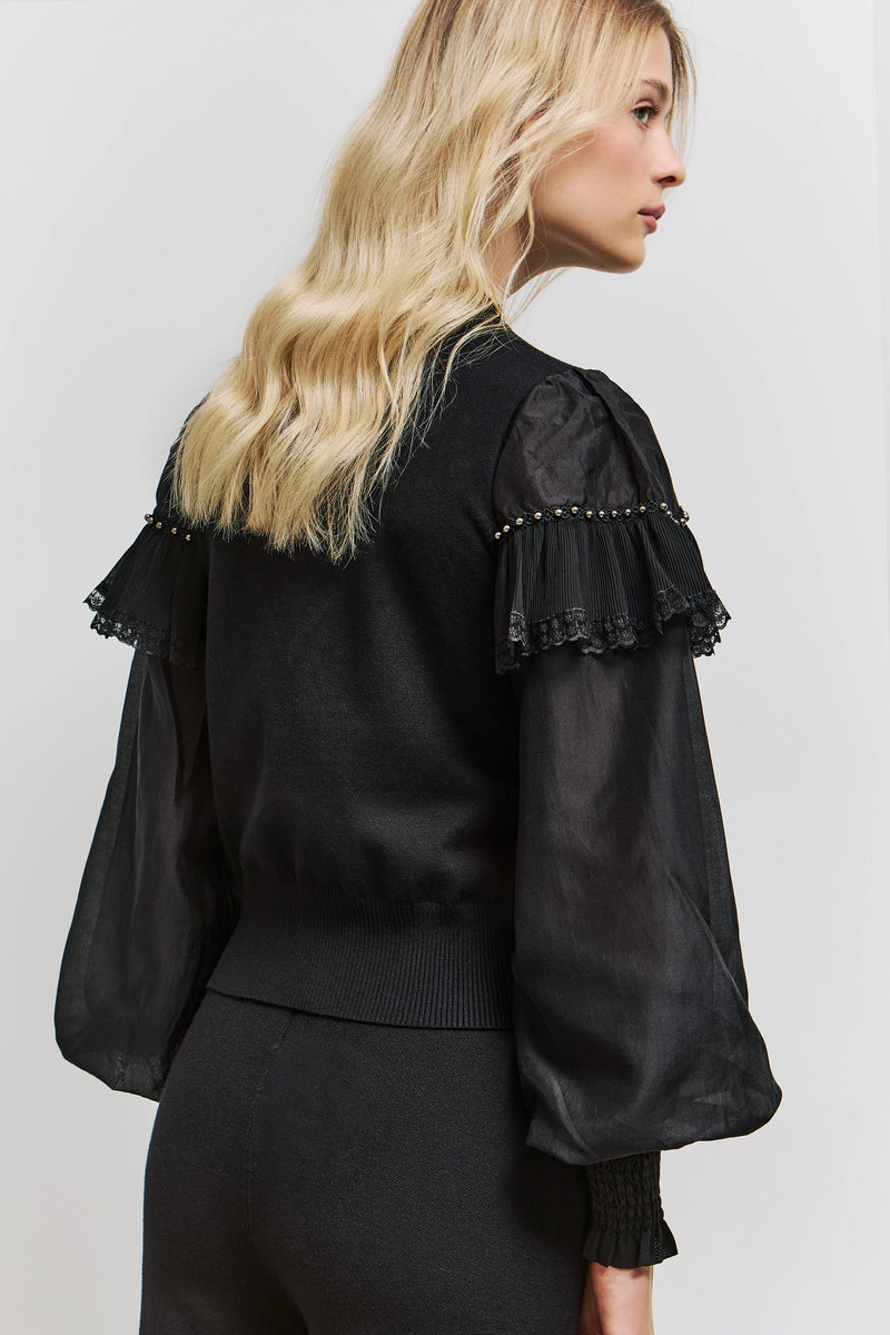 Pull noir à manches en tulle et perles - BSB