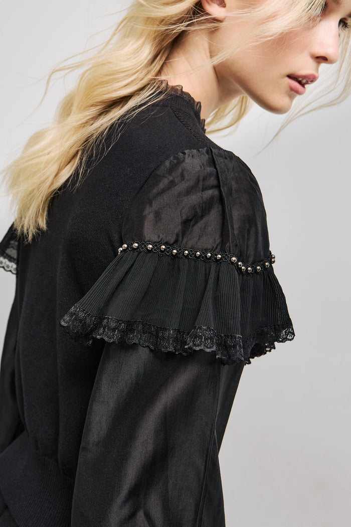 Pull noir à manches en tulle et perles - BSB
