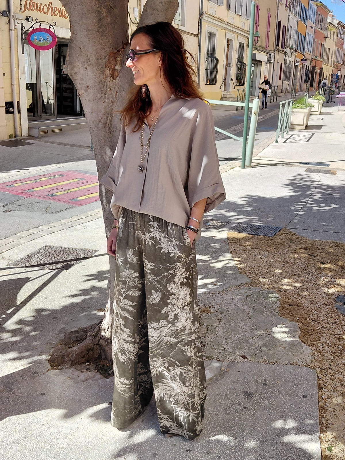Pantalon palazzo feuillage kaki - PLEASE
