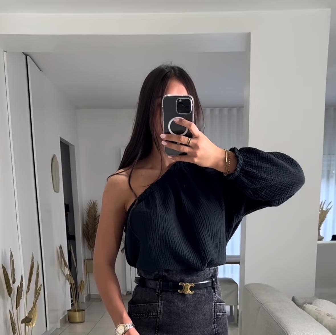 Top Asymétrique noir en Gaze de Coton