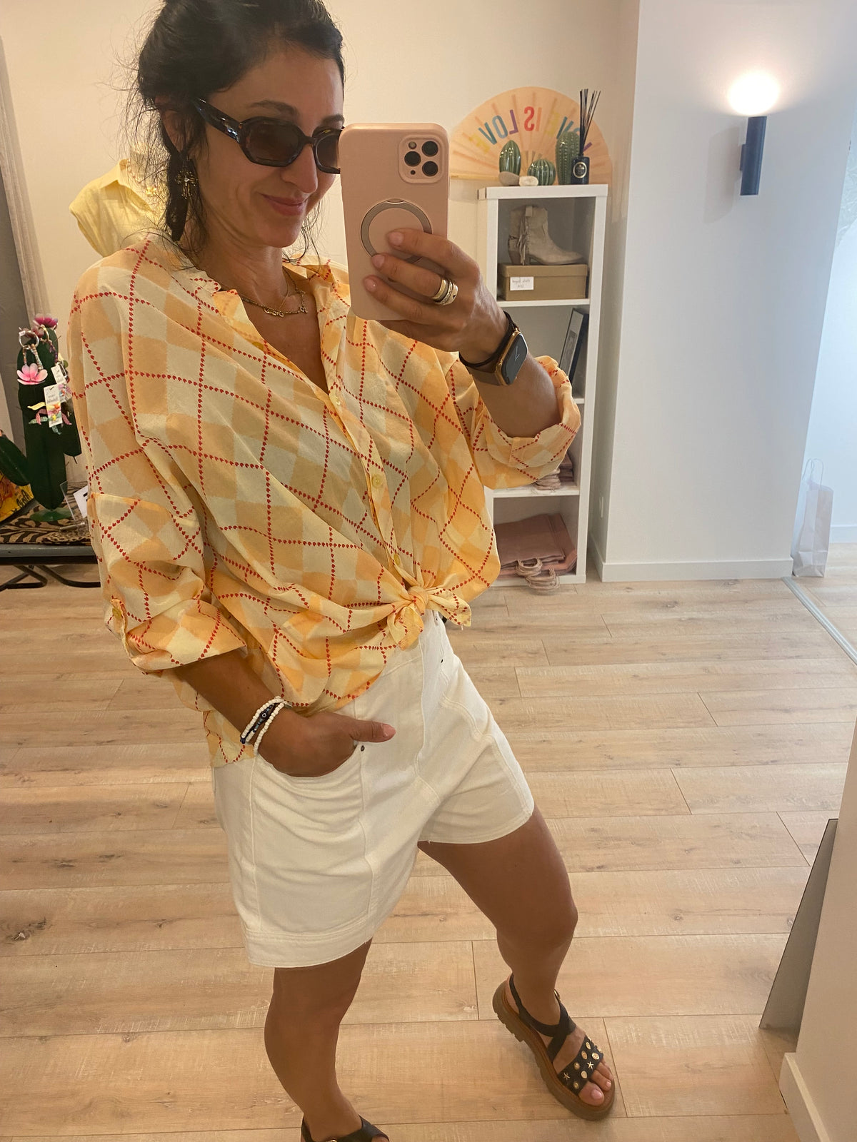 Chemise damier corail et jaune