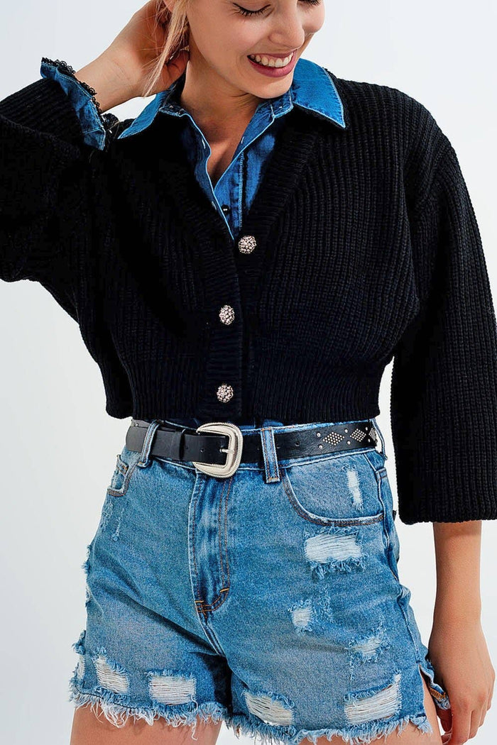 Gilet noir à manches longues avec bouton strass - Q2