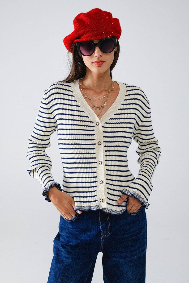 Cardigan rayé crème avec bordure volantée Q2