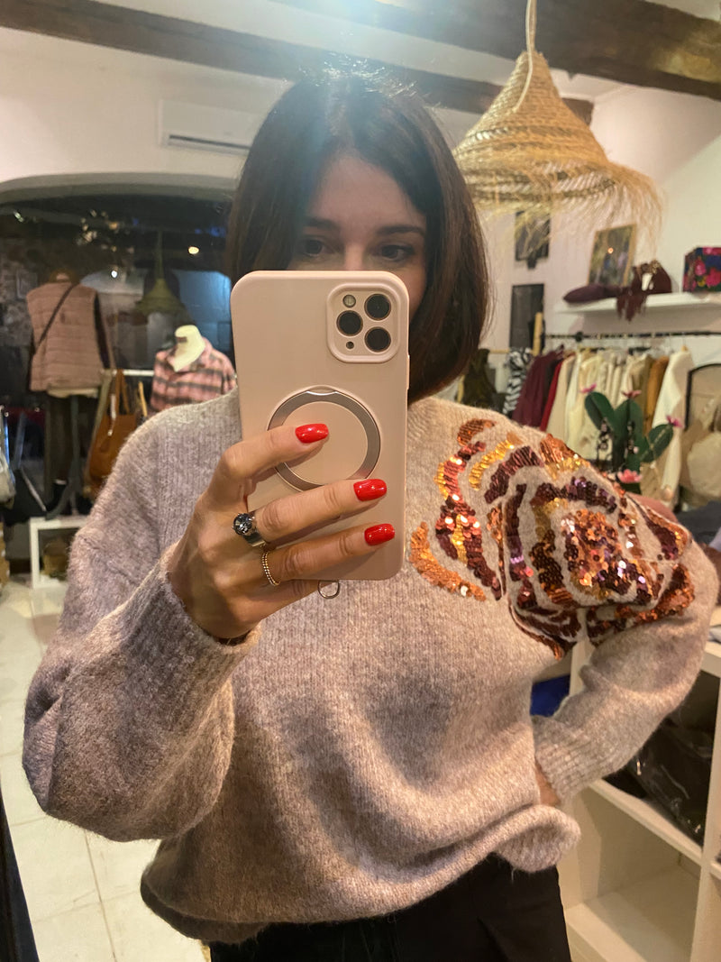 Pull avec fleurs en sequin sur l'épaule - LOU