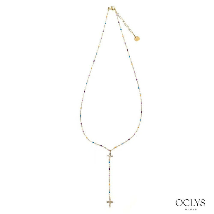 Collier chaine émaillé acier inoxydable doré avec croix strass