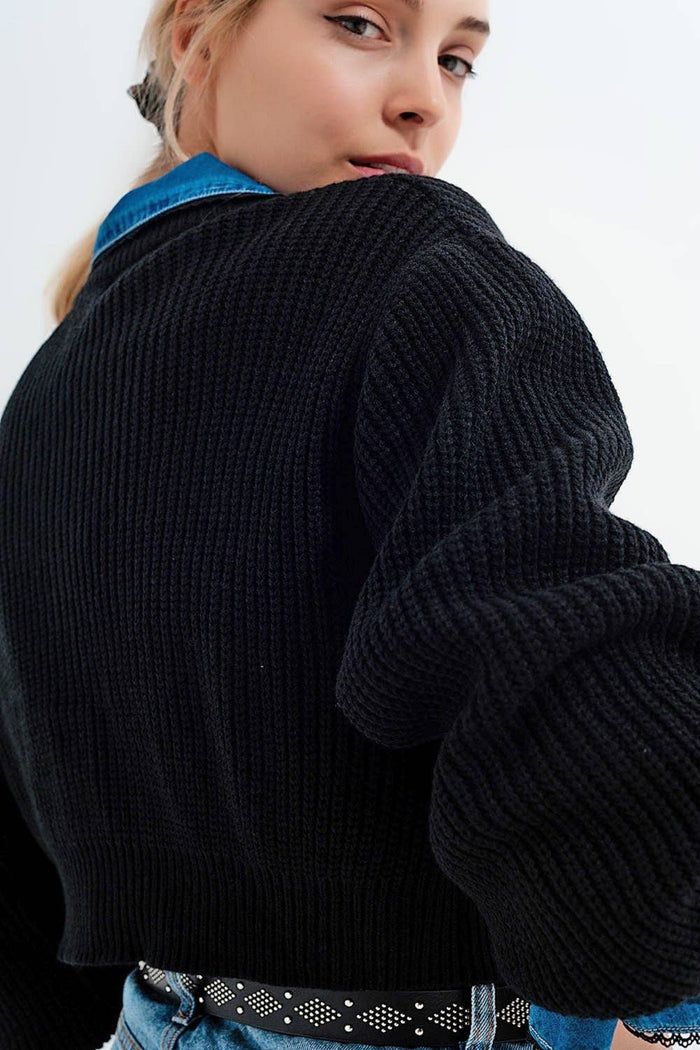 Gilet noir à manches longues avec bouton strass - Q2