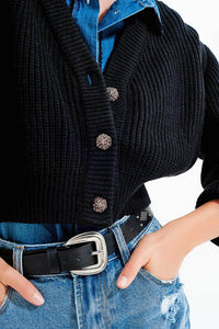 Gilet noir à manches longues avec bouton strass - Q2