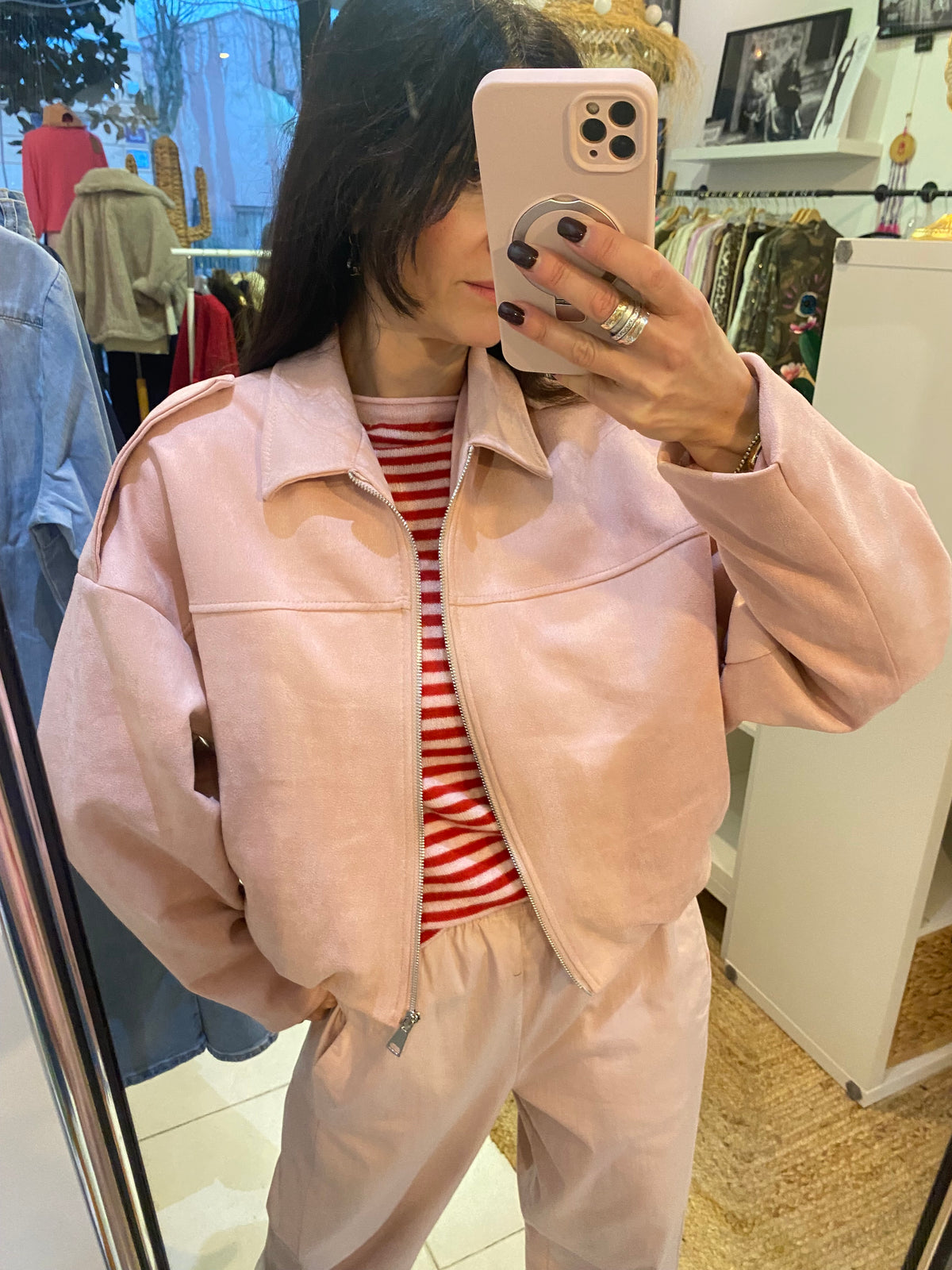 Blouson suédine rose poudré- LOU