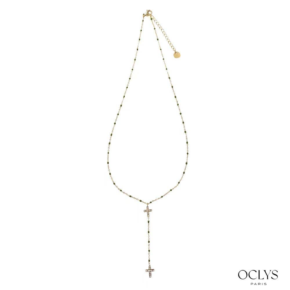 Collier chaine émaillé acier inoxydable doré avec croix strass