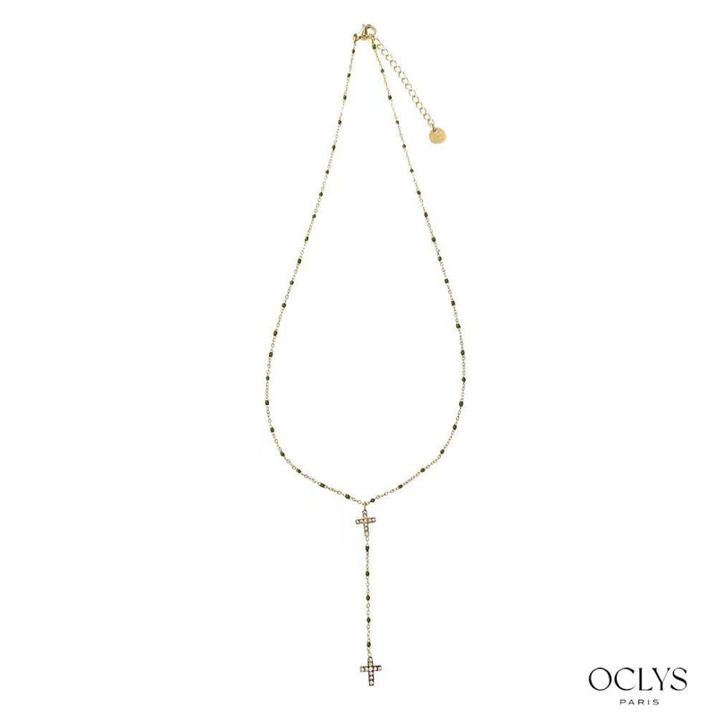 Collier chaine émaillé acier inoxydable doré avec croix strass