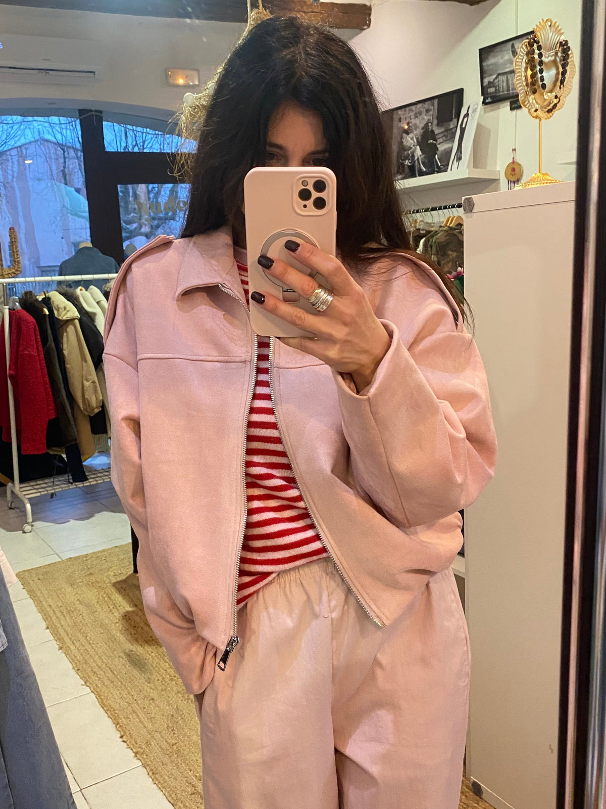 Blouson suédine rose poudré- LOU