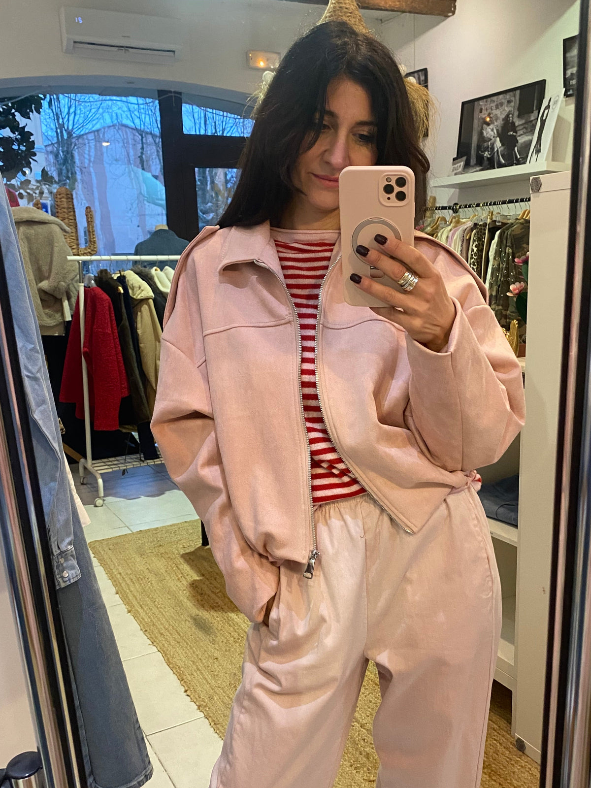 Blouson suédine rose poudré- LOU