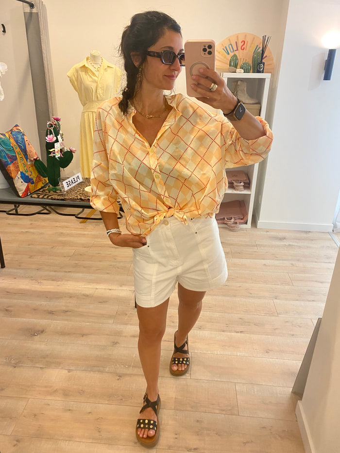 Chemise damier corail et jaune
