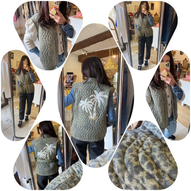 Veste sans manche imprimé léopard et broderie palmier