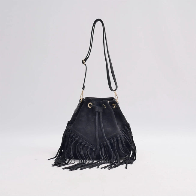 Sac franges en cuir vachette noir