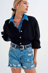 Gilet noir à manches longues avec bouton strass - Q2