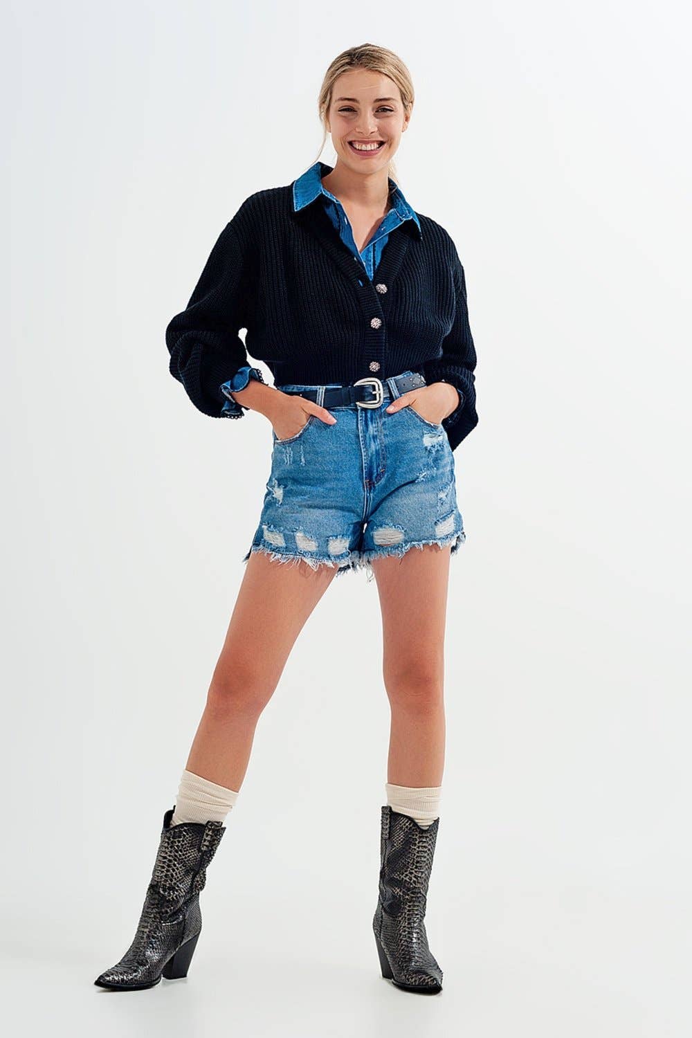 Gilet noir à manches longues avec bouton strass - Q2